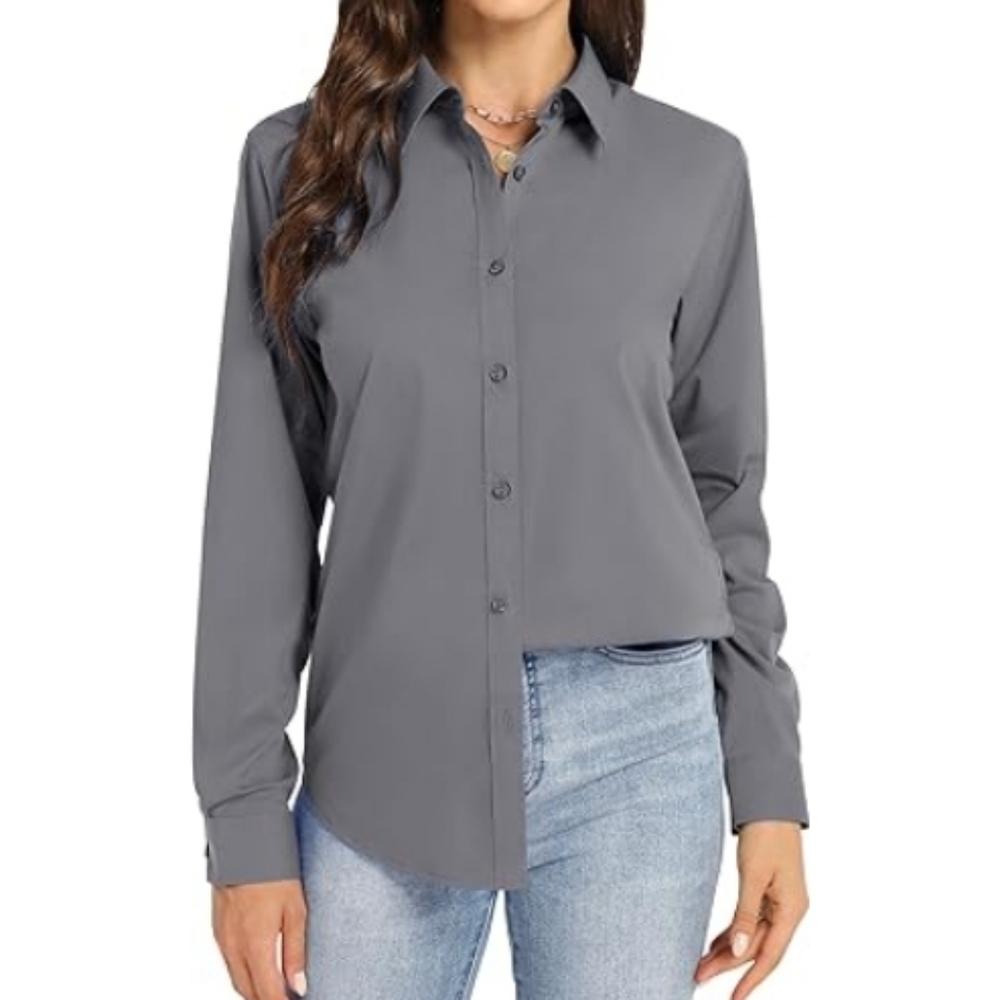 Button Down Long Sleeve Stretch Solid Work Shirt Dark Gray